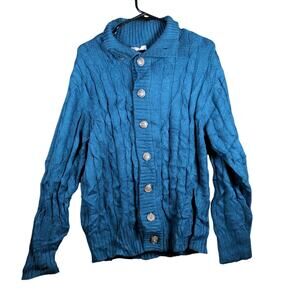H2H Mens Sweater Blue Button Front Cardigan High Neck 100% Acrylic Medium